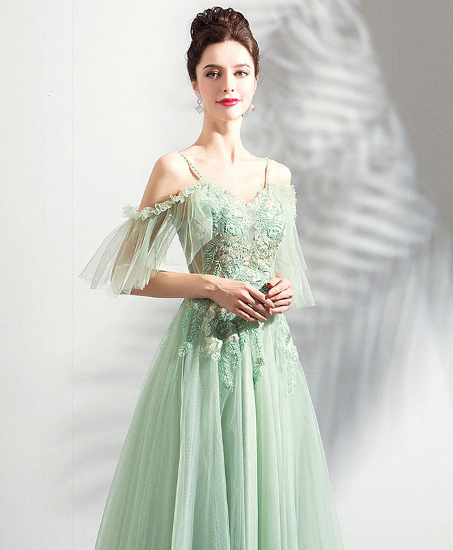 Green Tulle Off Shoulder Long Prom Dress, Green Tulle Evening Dress