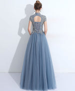 Gray Blue Round Neck Tulle Lace Long Prom Dress, Gray Blue Evening Dress