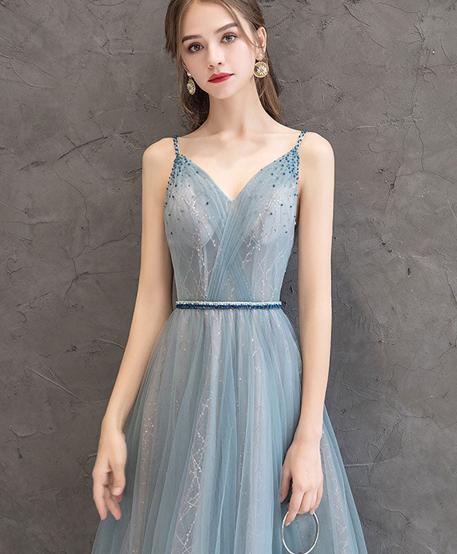 Gray Blue V Neck Tulle Long Prom Dress Gray Blue Evening Dress