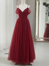 Simple V neck Tulle Burgundy Long Prom Dress, Burgundy Tulle Formal Dresses
