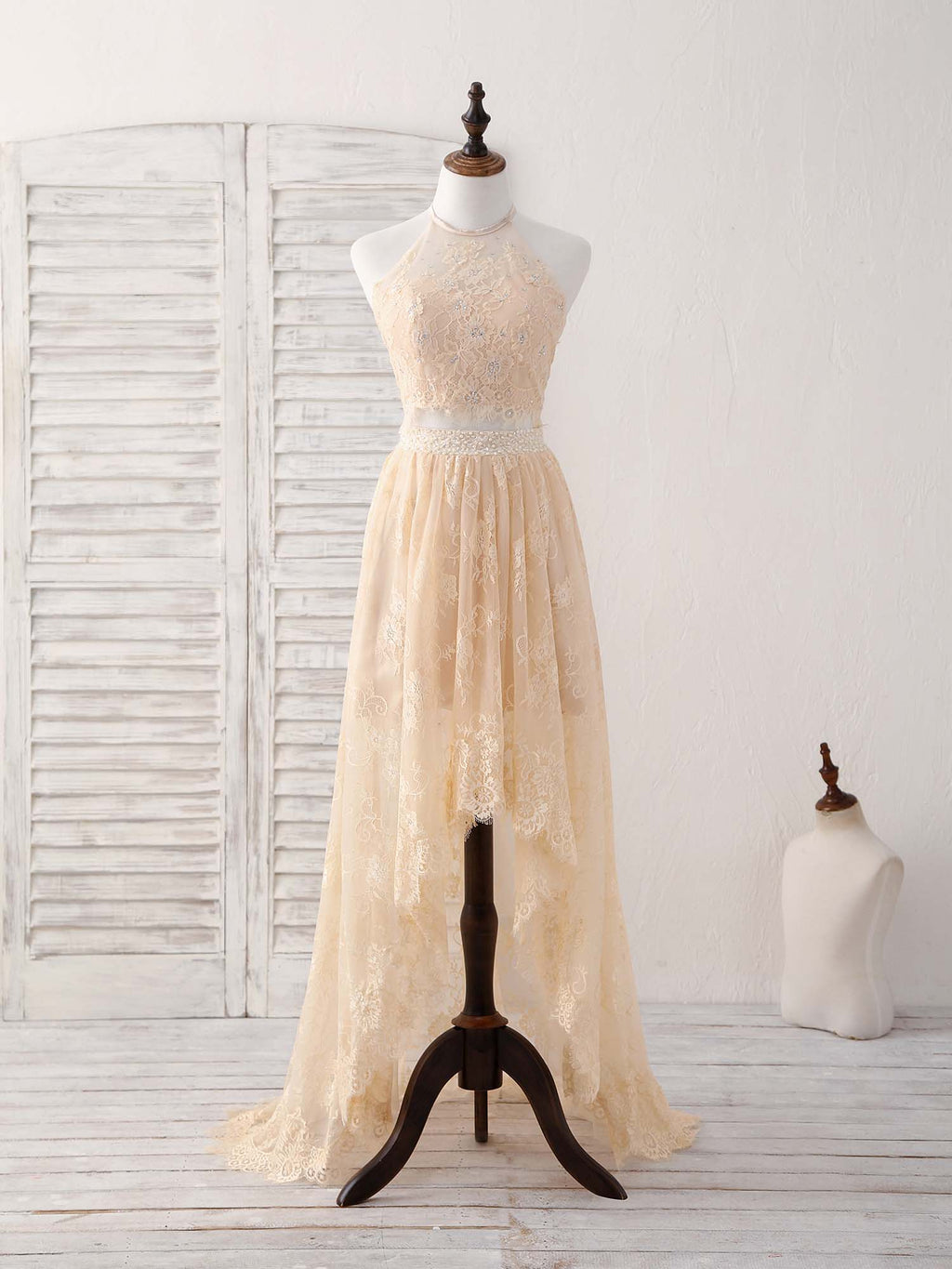 tan lace prom dress Long Slinky Prom Dress with Embroidered-Lace Bodice Champagne Gold / 3XLarge