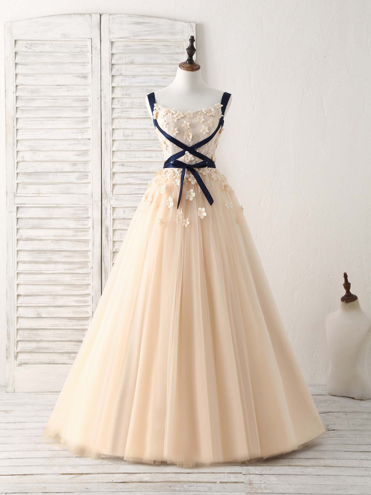 A-Line Champagne Lace Tulle Long Prom Dress, Champagne Evening