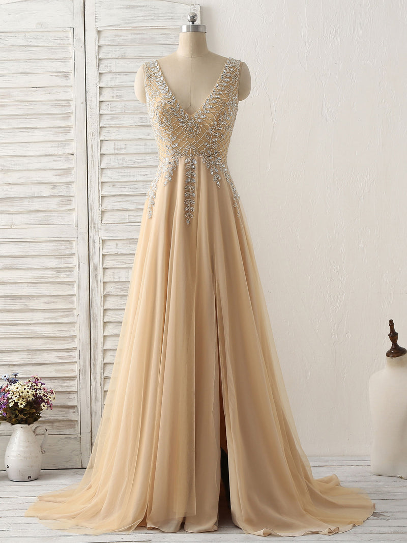 Champagne V Neck Beads Long Prom Dress Tulle Evening Dress