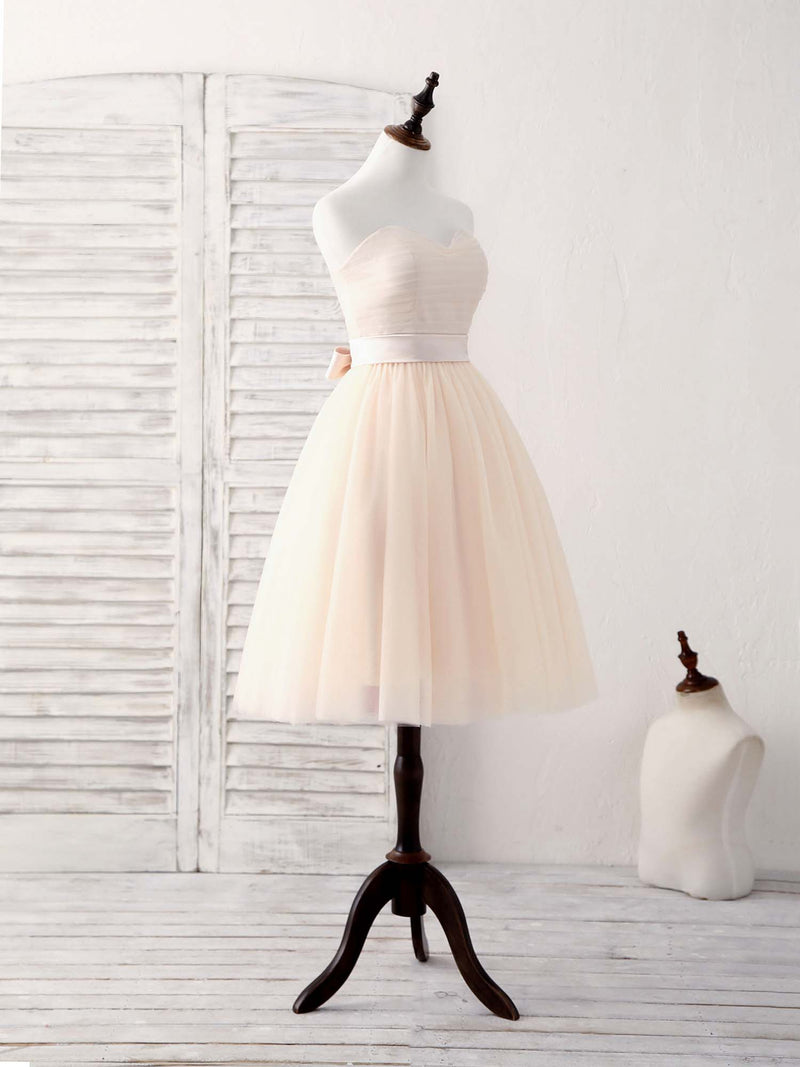 Simple Sweetheart Tulle Short Prom Dress Champagne Bridesmaid Dress