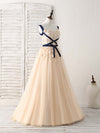 Unique Champagne Lace Tulle Long Prom Dress, Champagne Evening