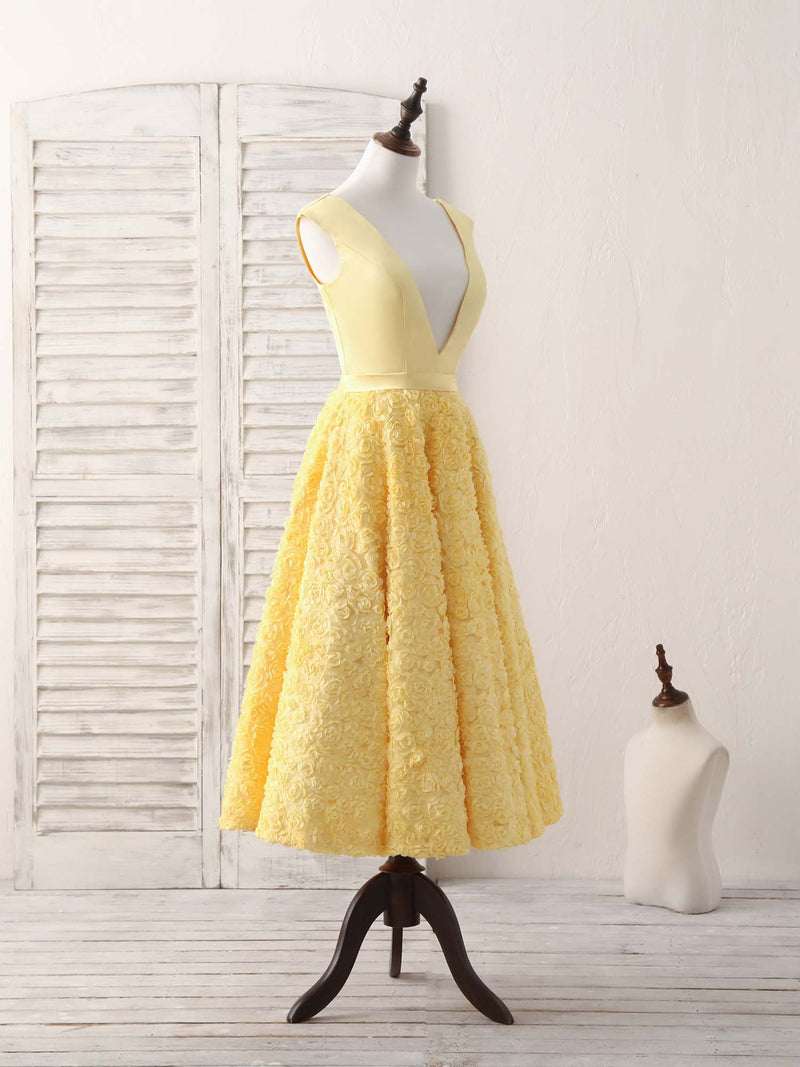 Yellow V Neck 3D Lace Tea Long Prom Dress, Yellow Evening Dress