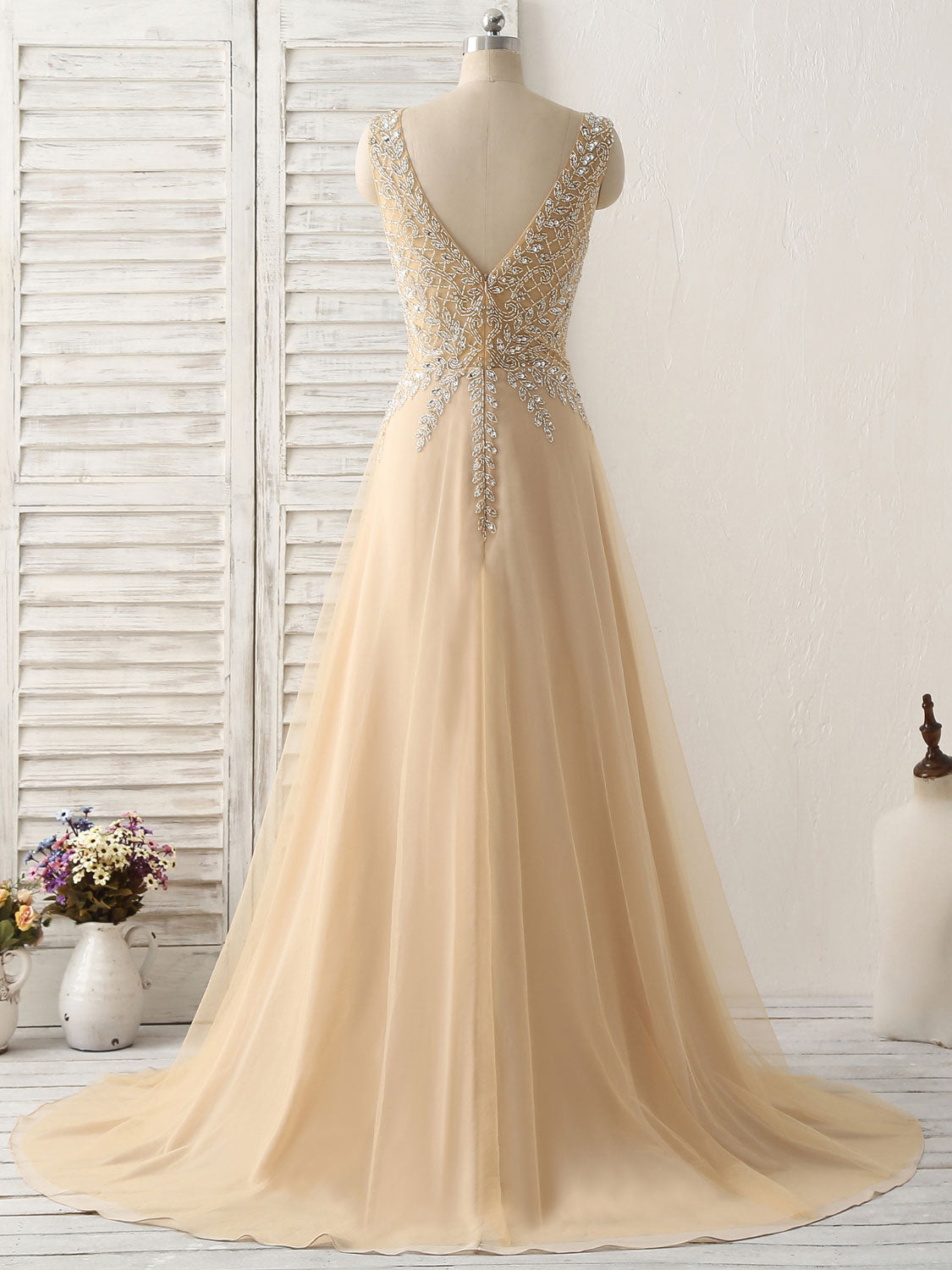 Champagne V Neck Beads Long Prom Dress Tulle Evening Dress
