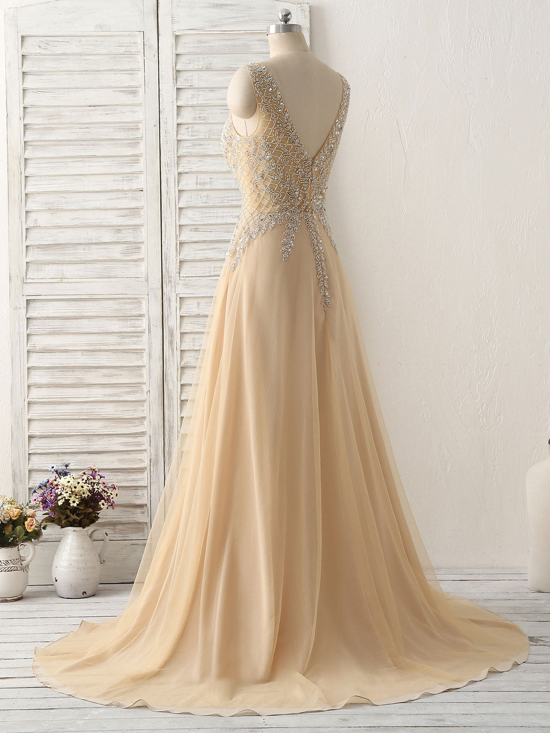Champagne V Neck Beads Long Prom Dress Tulle Evening Dress