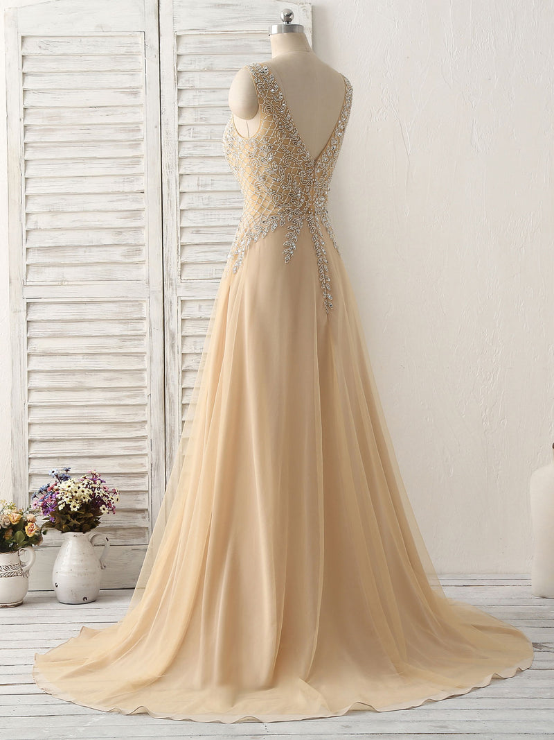 Champagne V Neck Tulle Lace Applique Long Prom Dress, Evening Dress –  shopluu
