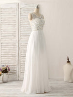 White V Neck Chiffon Long Prom Dresses, White Long Evening Dresses