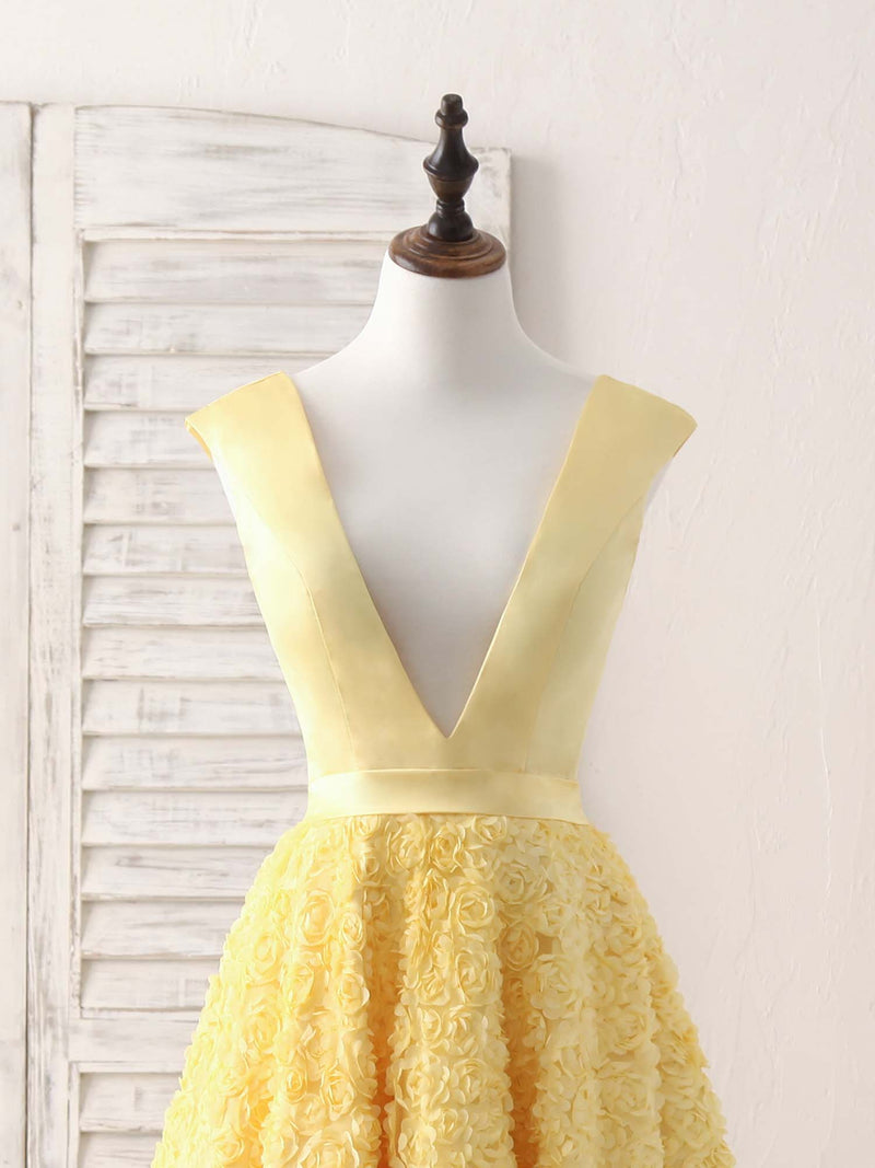 Yellow V Neck 3D Lace Tea Long Prom Dress, Yellow Evening Dress US 14 / Yellow Yellow V Neck 3D Lace Tea Long Prom Dress, Yellow Evening Dress US 14 / Yellow