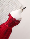Burgundy Off Shoulder Tulle Lace Applique Long Prom Dress, Evening Dress