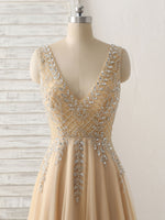 Champagne V Neck Beads Long Prom Dress Tulle Evening Dress US 8 / Champagne Champagne V Neck Beads Long Prom Dress Tulle Evening Dress US 8 / Champagne