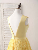 Yellow V Neck 3D Lace Tea Long Prom Dress, Yellow Evening Dress