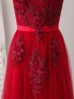 Burgundy Off Shoulder Tulle Lace Applique Long Prom Dress, Evening Dress