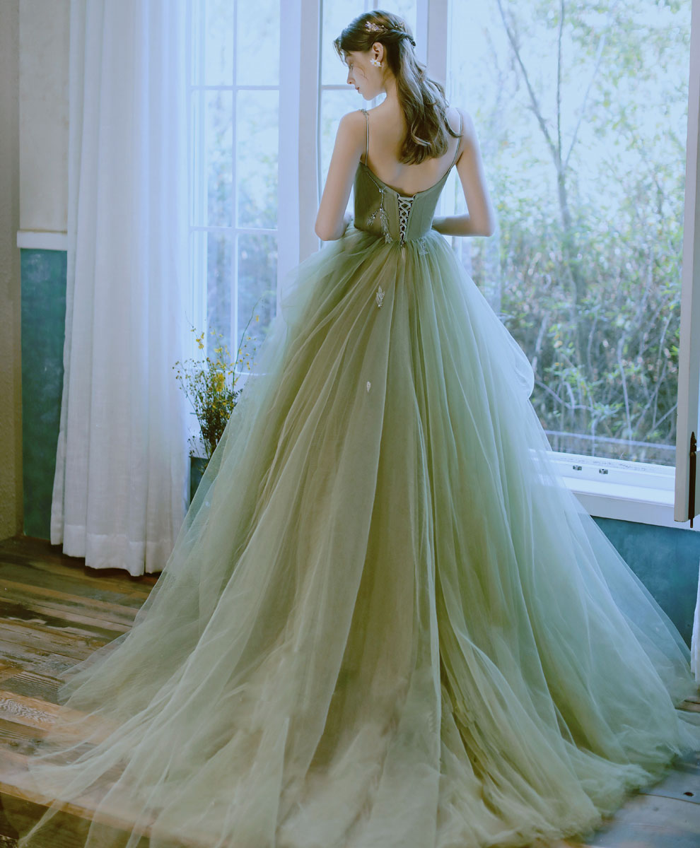 Green Tulle Lace Long Prom Dress Green Tulle Lace Formal Dress