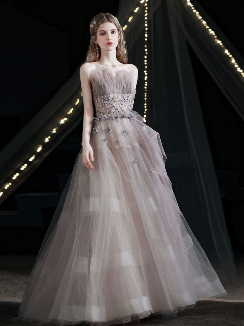 A-Line Tulle Beads Long Prom Dress, Gray Purple Tulle Evening Dress