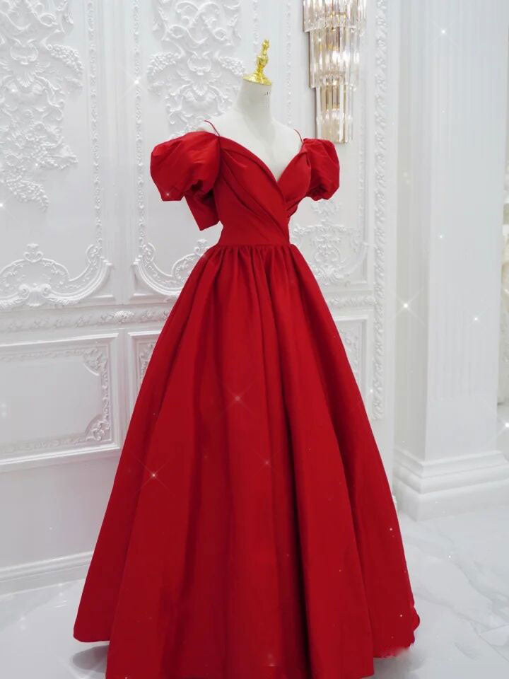 Red V Neck Satin Long Prom Dress, Red Formal Evening Dresses US 16 / Custom Color