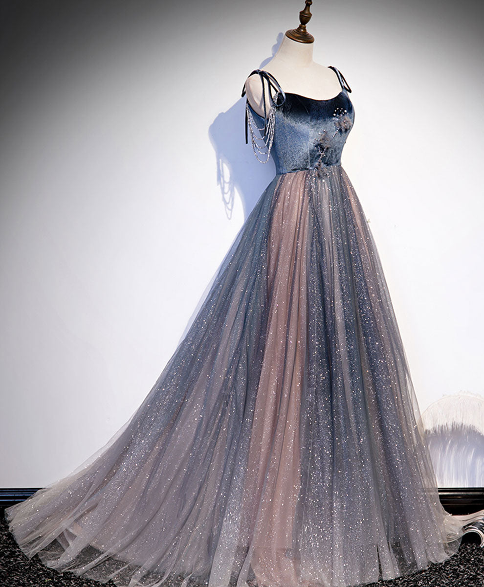 Blue Tulle Sequin Long Prom Dress Blue Tulle Formal Dress