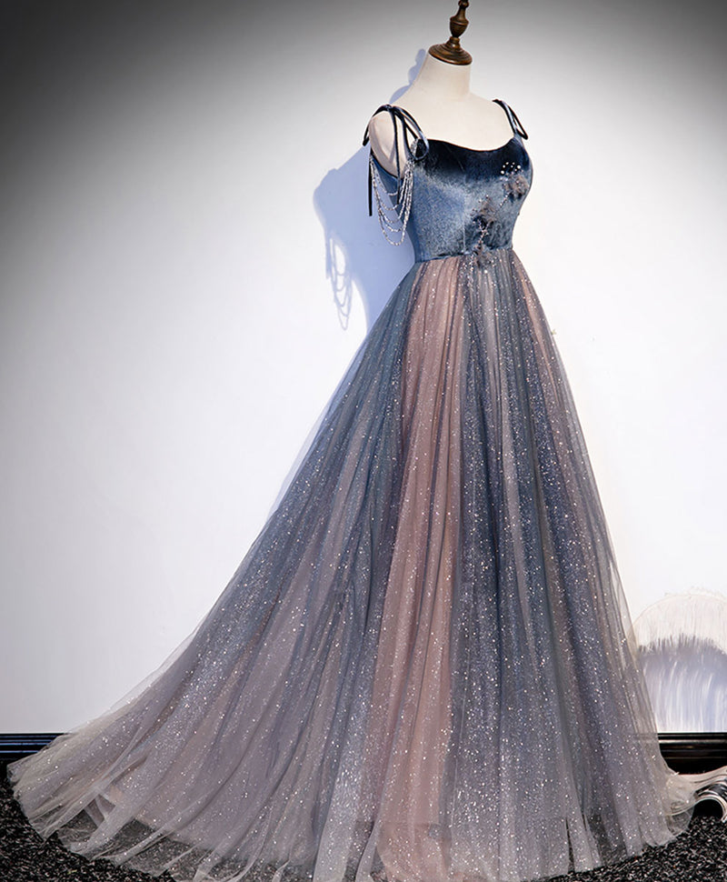 Blue Tulle Sequin Long Prom Dress Blue Tulle Formal Dress – shopluu