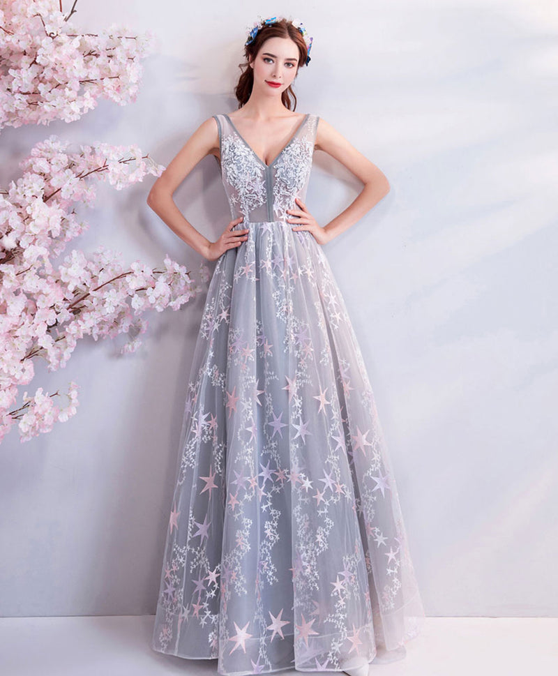 A-Line Gray V Neck Lace Long Prom Dress, Gray Lace Formal Evening Dres shopluu A-Line Gray V Neck Lace Long Prom Dress, Gray Lace Formal Evening Dres shopluu