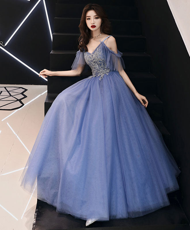 Blue V Neck Tulle Lace Long Prom Dress, Blue Tulle Evening Dress