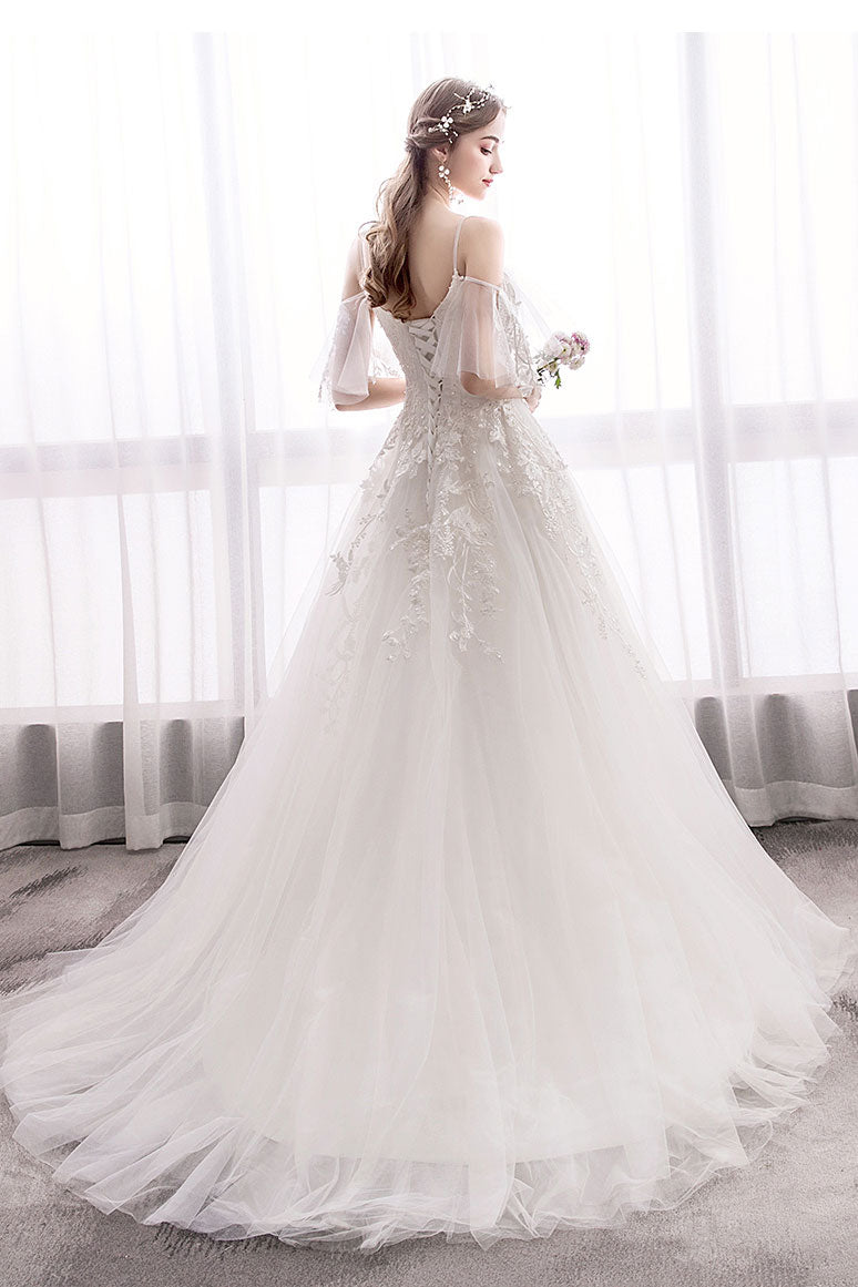 White Sweetheart Lace Tulle Long Wedding Dress, Lace Bridal Dress