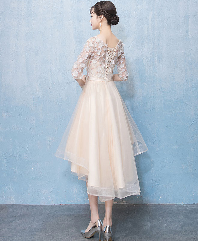 Light Champagne Tulle Lace High Low Prom Dress Lace Homecoming Dress