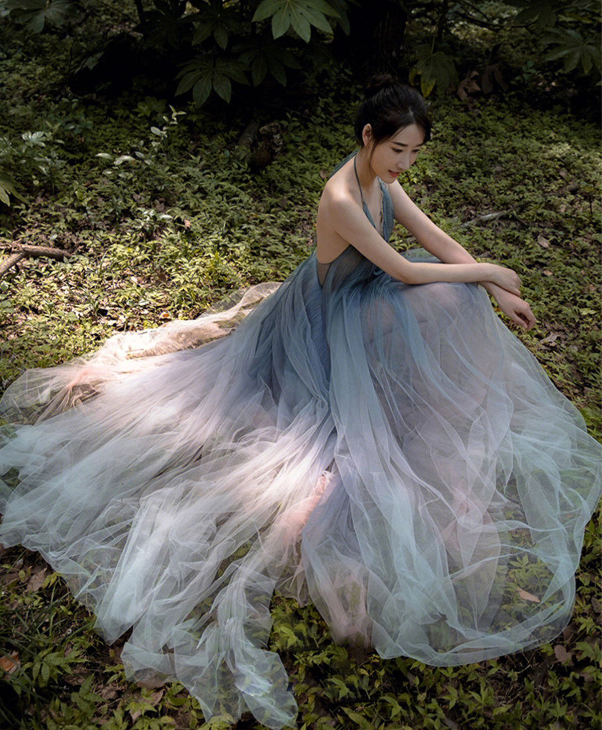 Gray V Neck Tulle Long Prom Dress, Gray Tulle Evening Dress