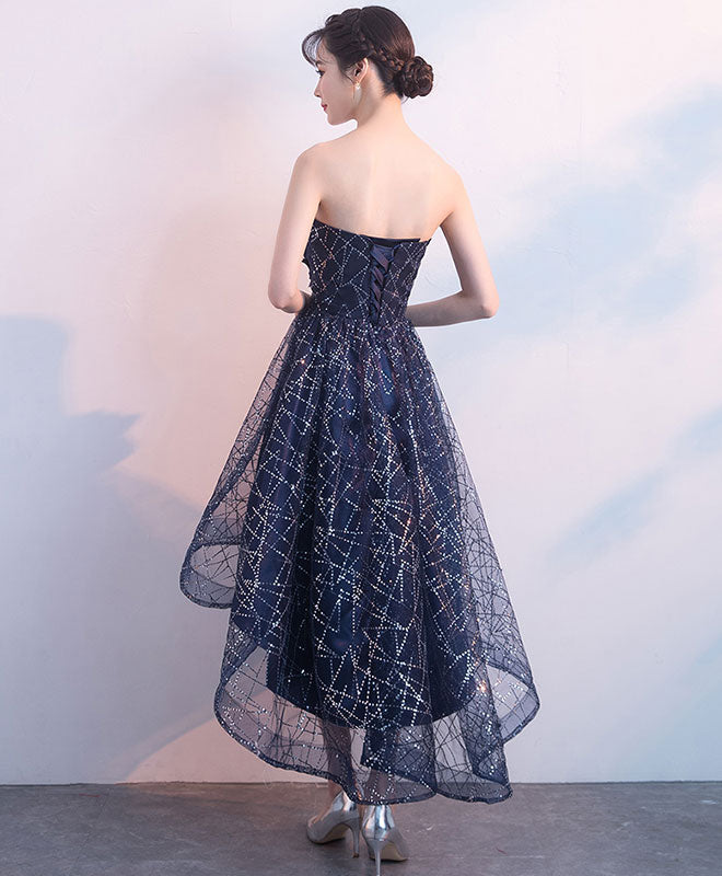 Dark Blue Tulle Sequin High Low Prom Dress, Blue Evening Dress