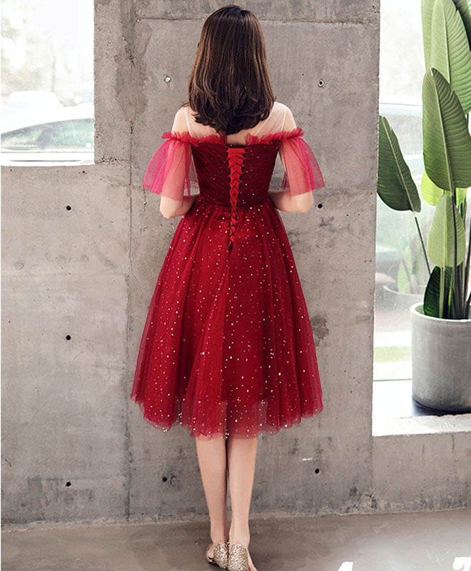 Burgundy Tulle Sequin Short Prom Dress, Burgundy Homecoming Dress