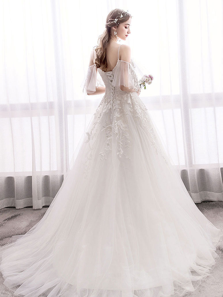 White Sweetheart Lace Tulle Long Wedding Dress, Lace Bridal Dress