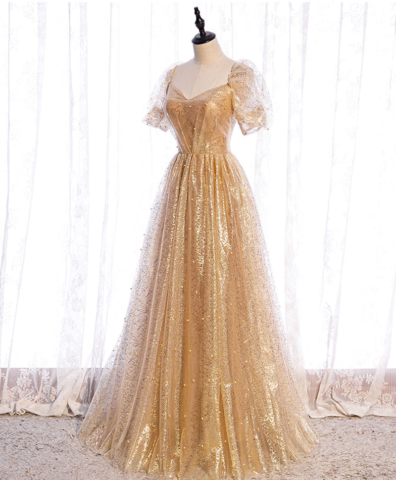 Gold Aline Tulle V Neck Long Prom Dress, Gold Formal Dresses