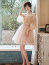 Champagne Tulle Lace Short Prom Dress, Tulle Lace Puffy Homecoming Dress