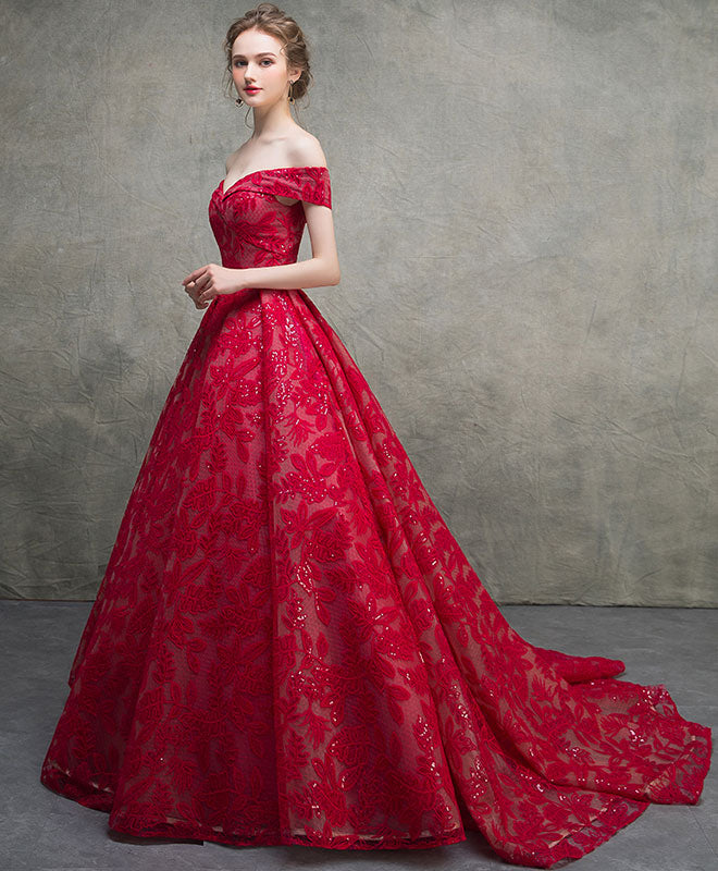 Burgundy Off Shoulder Lace Long Prom Dress, Burgundy Lace Long Evening Dress
