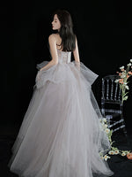 Light Gray Tulle Lace Long Prom Dress, Tulle Lace Formal Dress
