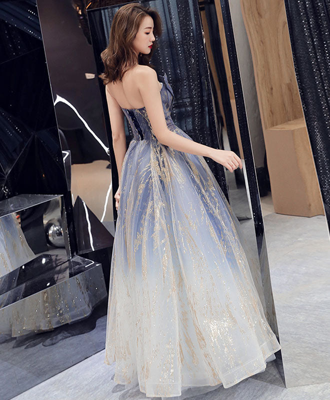 A-Line Blue Tulle Long Prom Dress, Blue Evening Graduation Dresses