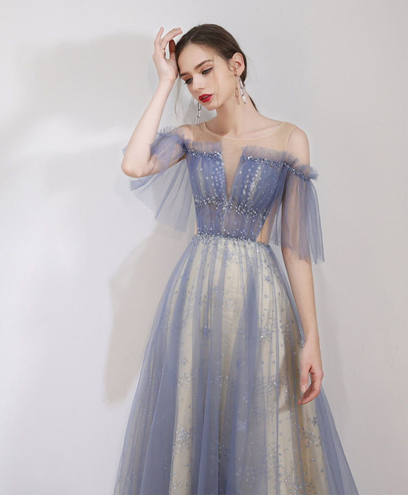 Blue Round Neck Tulle Lace Long Prom Dress, Blue Long Evening Dress