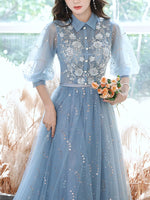 Blue Tulle Lace Sequin Long Prom Dress, A-line Blue Evening Dress