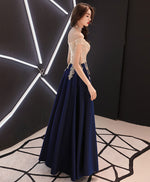 Dark Blue Sweetheart Lace Satin Long Prom Dress, Blue Evening Dress