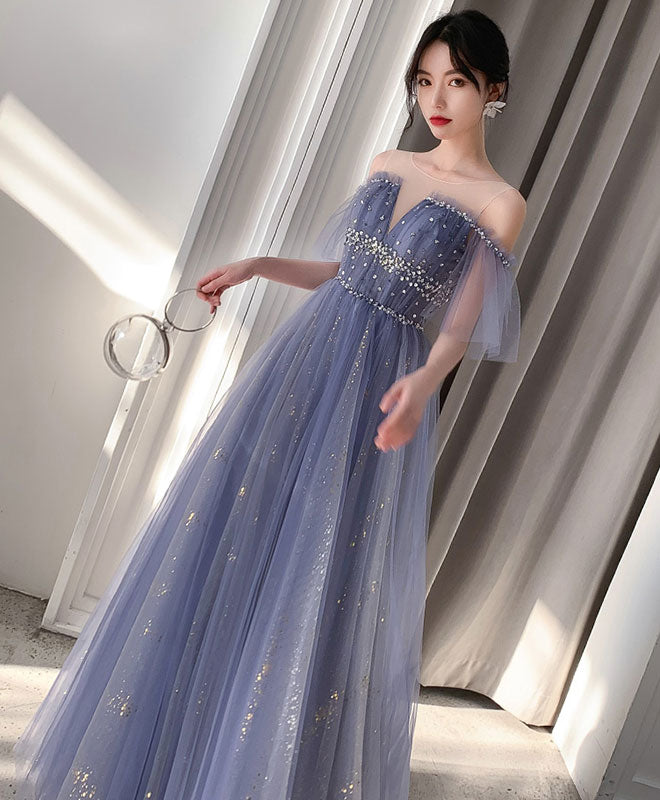 Blue Tulle Lace Long Prom Dress Blue Tulle Lace Evening Dress