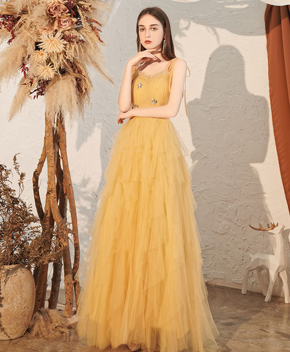 Yellow Sweetheart Tulle Long Prom Dress, A line Yellow Formal Graduation Dress