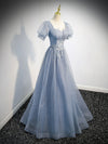 Gray Blue Tulle Long Prom Dress, Gray Blue Tulle Formal Evening Dresses