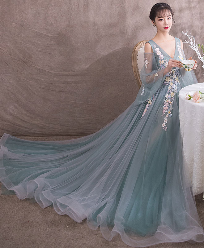 Green V Neck Tulle Lace Long Prom Dress, Gray Green Evening Dress