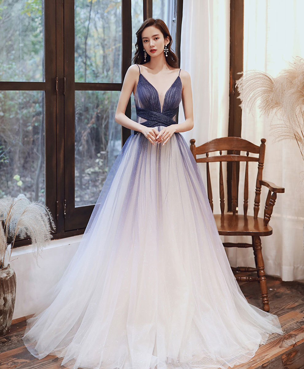 Blue V Neck Tulle Long Prom Dress Blue Tulle Evening Dress
