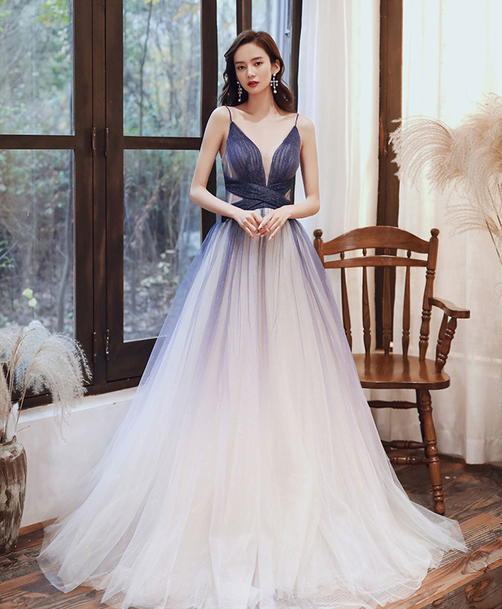 Blue V Neck Tulle Long Prom Dress Blue Tulle Evening Dress – shopluu