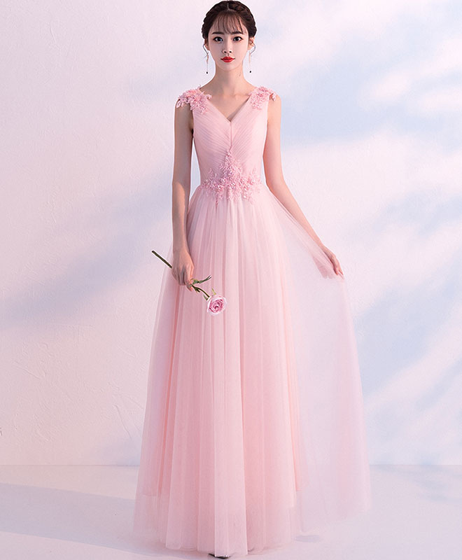Pink V Neck Tulle Long Prom Dress, Pink Tulle Bridesmaid Dress