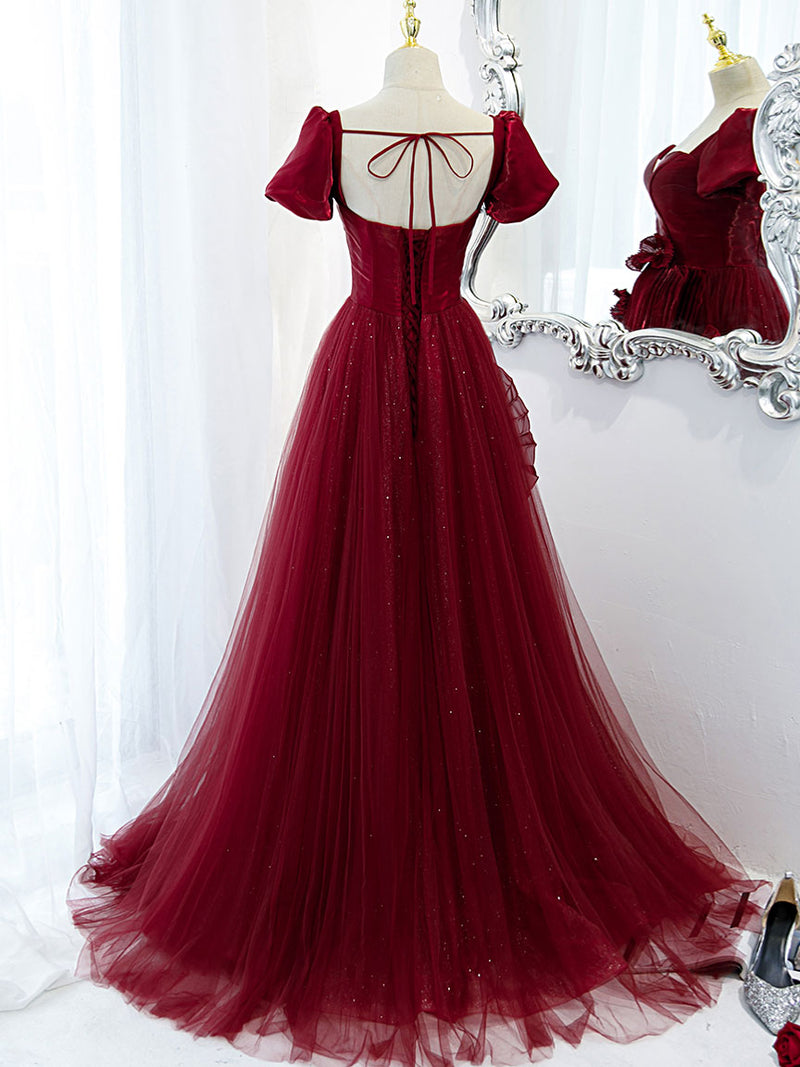 Burgundy Tulle Long Prom Dress, Burgundy Tulle Evening Dress