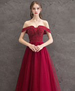 Burgundy Tulle Off Shoulder Long Prom Dress Burgundy Evening Dress