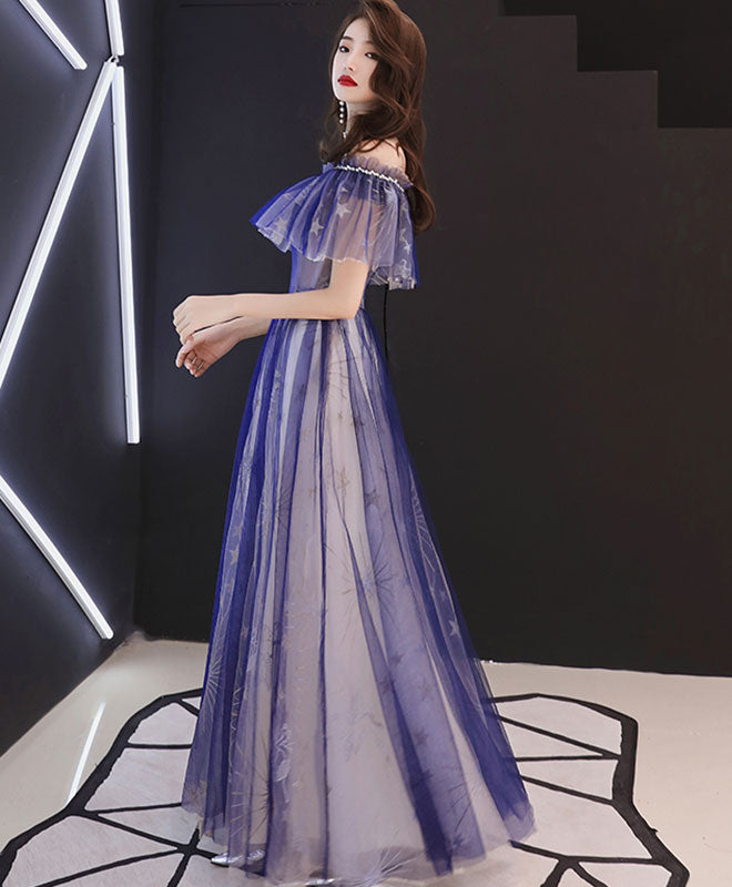 Blue Tulle Lace Tea Length Prom Dress, Blue Tulle Evening Dress